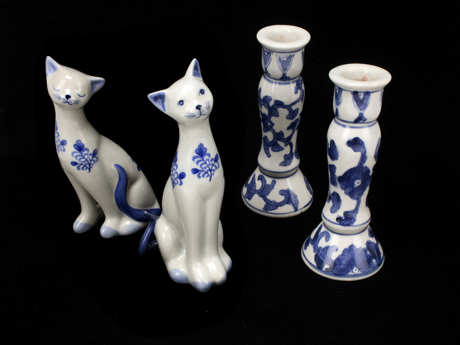 BLUE & WHITE LOT CANDLESTICKS & CAT FIGURINES (1 of 3)