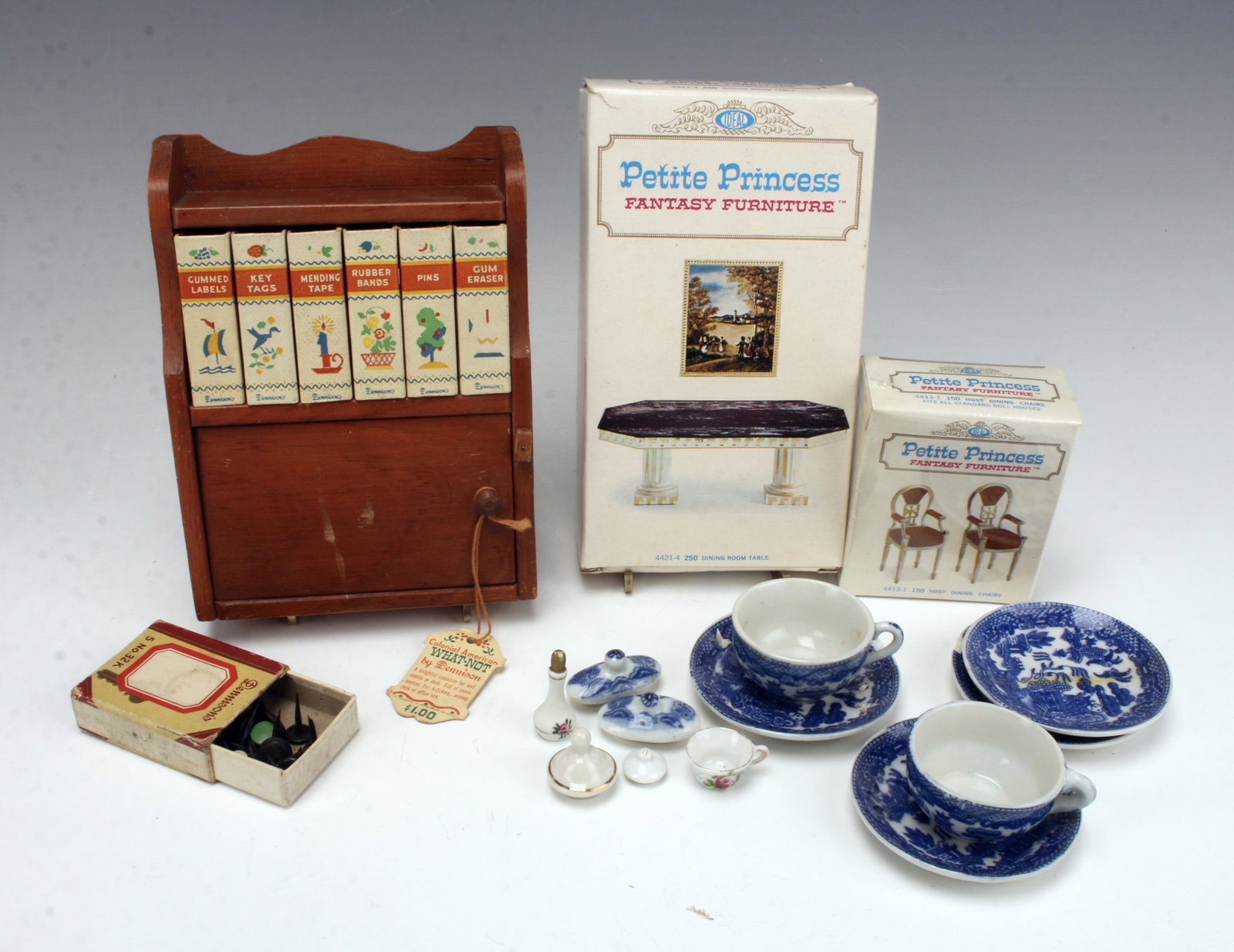 LOT OF VINTAGE DOLL HOUSE FURNITURE: LOT OF VINTAGE DOLL HOUSE FURNITUREColonial American What-Not by Dennison: A delightful miniture for wall, mantle, or desk. Full of conveniences for kitchen, writing desk, or office. Peti