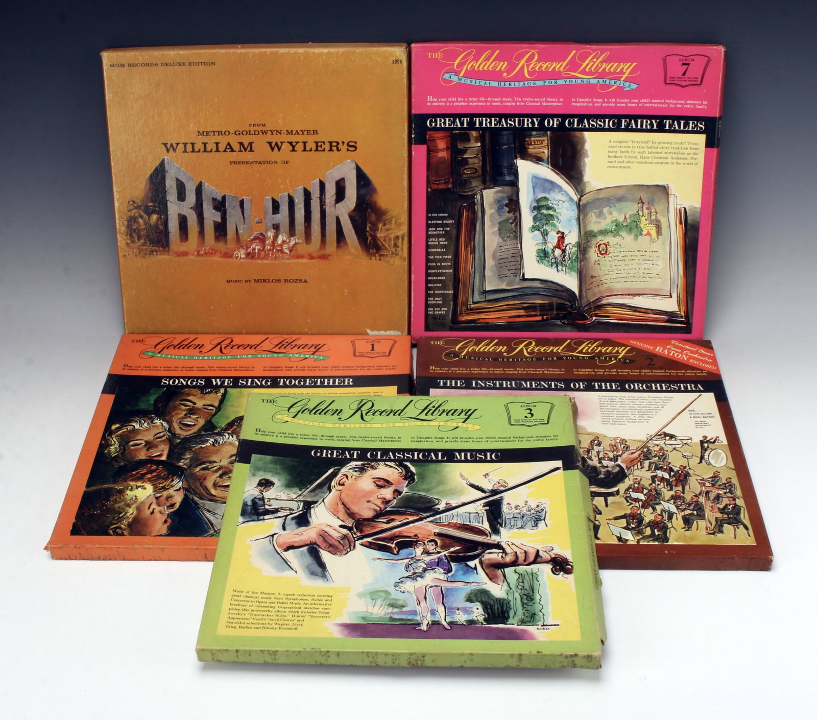 LOT OF VINTAGE RECORDS MGM BEN HUR: LOT OF VINTAGE RECORDS MGM BEN HURMGM Deluxe Edition of Ben-Hur record in case, with book The Story of the Marking of Ben-Hur: A Tale of the Christ from MGM, hardcover, with fold out artwor
