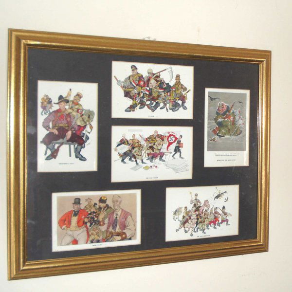 Arthur Szyk postcards: A group of six matted and framed World War II era color postcards by Arthur Szyk. Bitter satire against the axis powers.