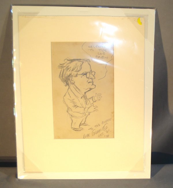 Rube Goldberg pencil drawing : A matted signed pencil drawing signed lower right"to Tod Burke Oct. 21, '39"