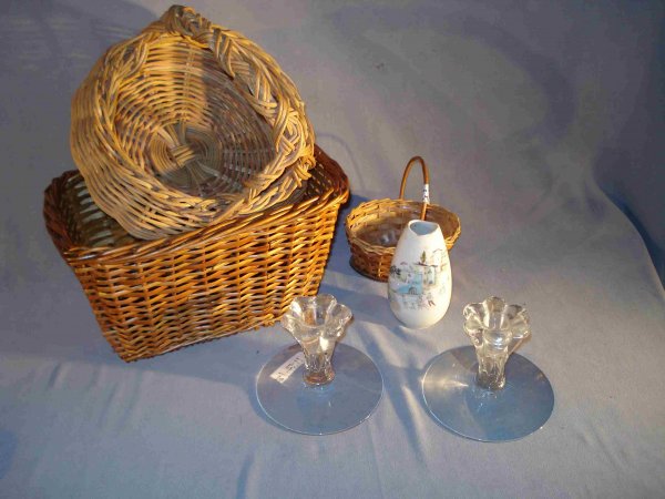 Assorted decorative objects: A pair of short glass candlesticks (possibly leaded) with a Rosenthal polyglaze bud vase and three woven baskets together with three glass milk pitchers