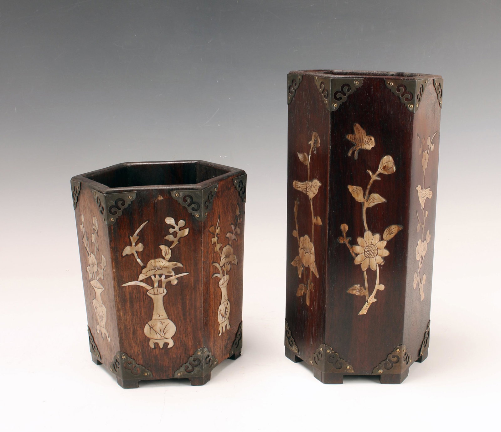 TWO WOODEN HEXAGONAL INLAID BRUSH POTS (1 of 4)