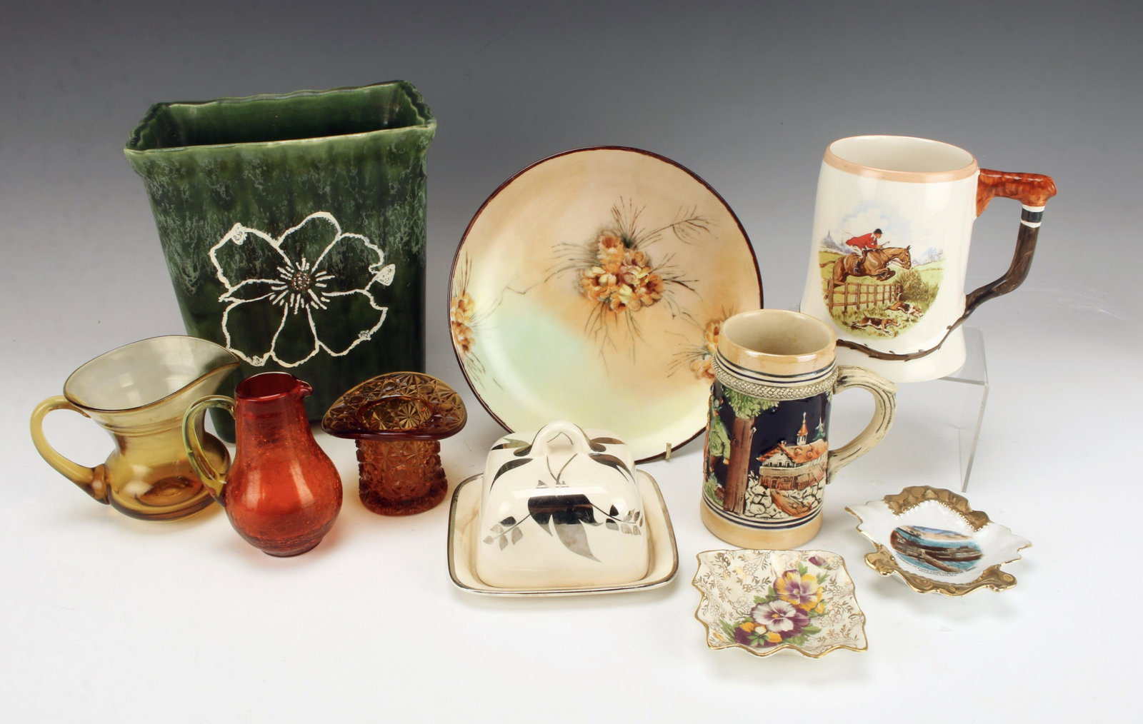 VINTAGE POTTERY & GLASS LOT: VINTAGE POTTERY & GLASS LOT Assembled lot of one hand painted KPM plate, Sandland Ware by Lancaster & Sandland, Staffordshire, England covered cheese or butter dish, Ambassador