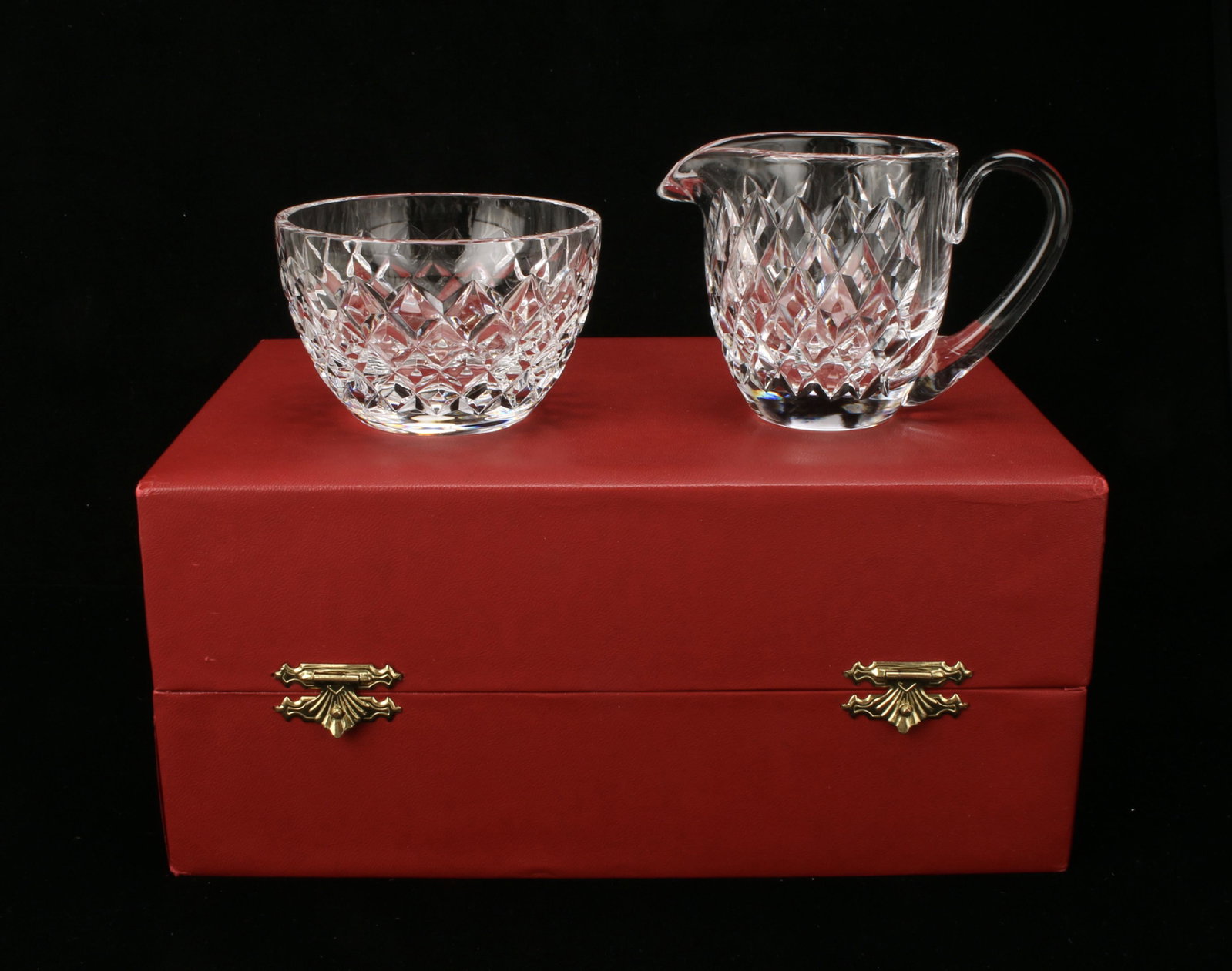 CARTIER BRIERLY CUT CRYSTAL SUGAR AND CREAMER SET: CARTIER BRIERLY CUT CRYSTAL SUGAR AND CREAMER SET Cartier Brierly pattern crystal sugar and creamer set in red Cartier box 9 1/2" X 6 1/2"<