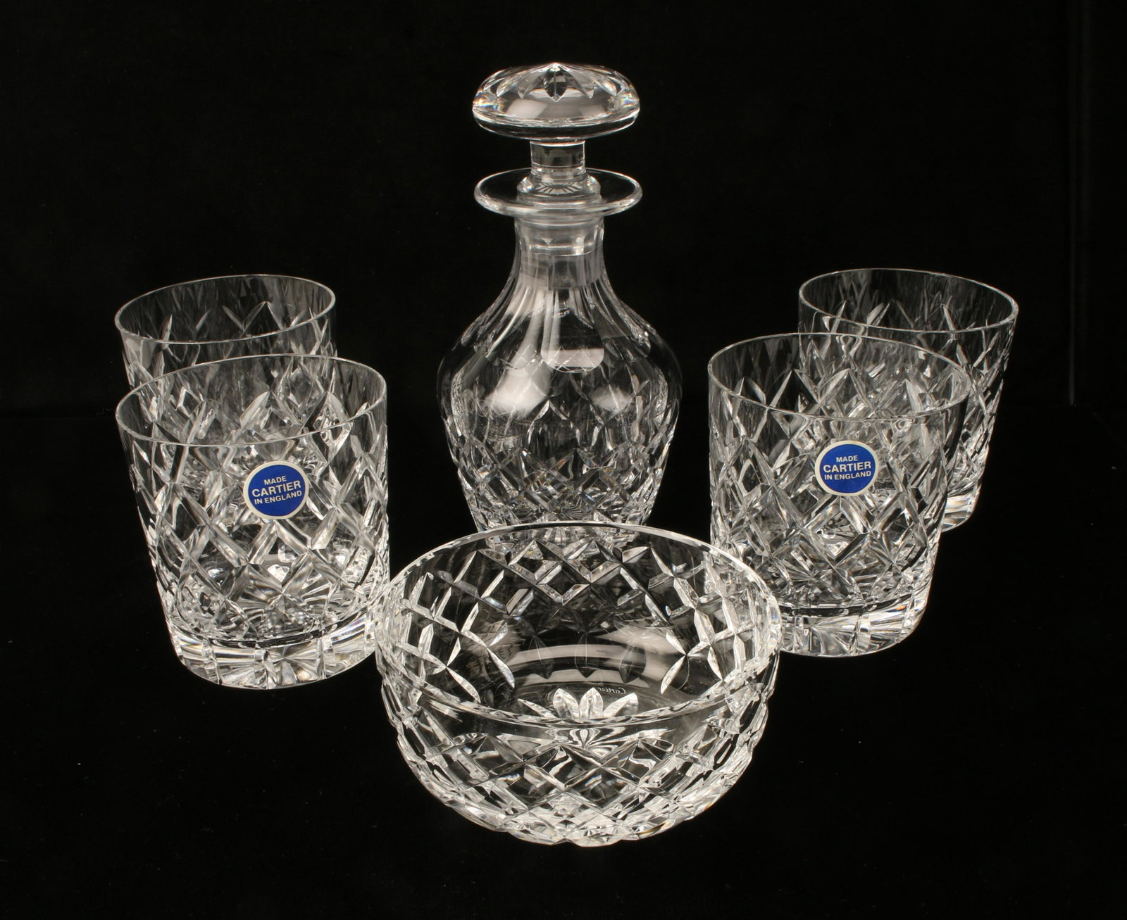 CARTIER BRIERLY CRYSTAL OLD FASHIONED, DECANTER, BOWL: CARTIER BRIERLY CRYSTAL OLD FASHIONED, DECANTER, BOWL 4 Old Fashioned glasses, 1 decanter with stopper, and open bowl, all in Brierly pattern, acid etched "Cartier" on the bott
