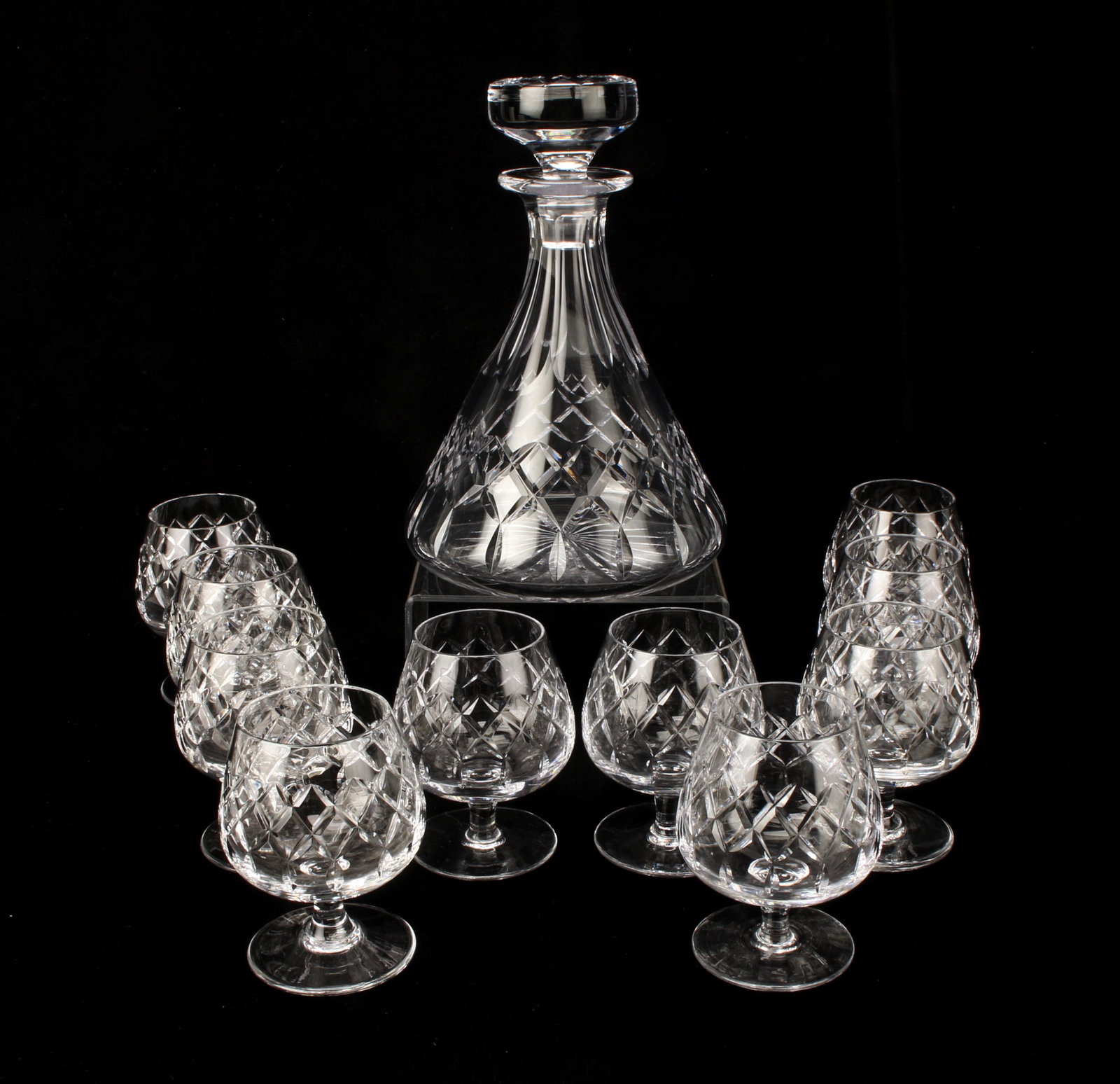 CARTIER BRIERLY CRYSTAL SMALL SNIFTERS AND DECANTER SET: CARTIER BRIERLY CRYSTAL SMALL SNIFTERS AND DECANTER SET 10 Small Brierly pattern snifters and matching decanter, acid etched "Cartier" on bottoms.