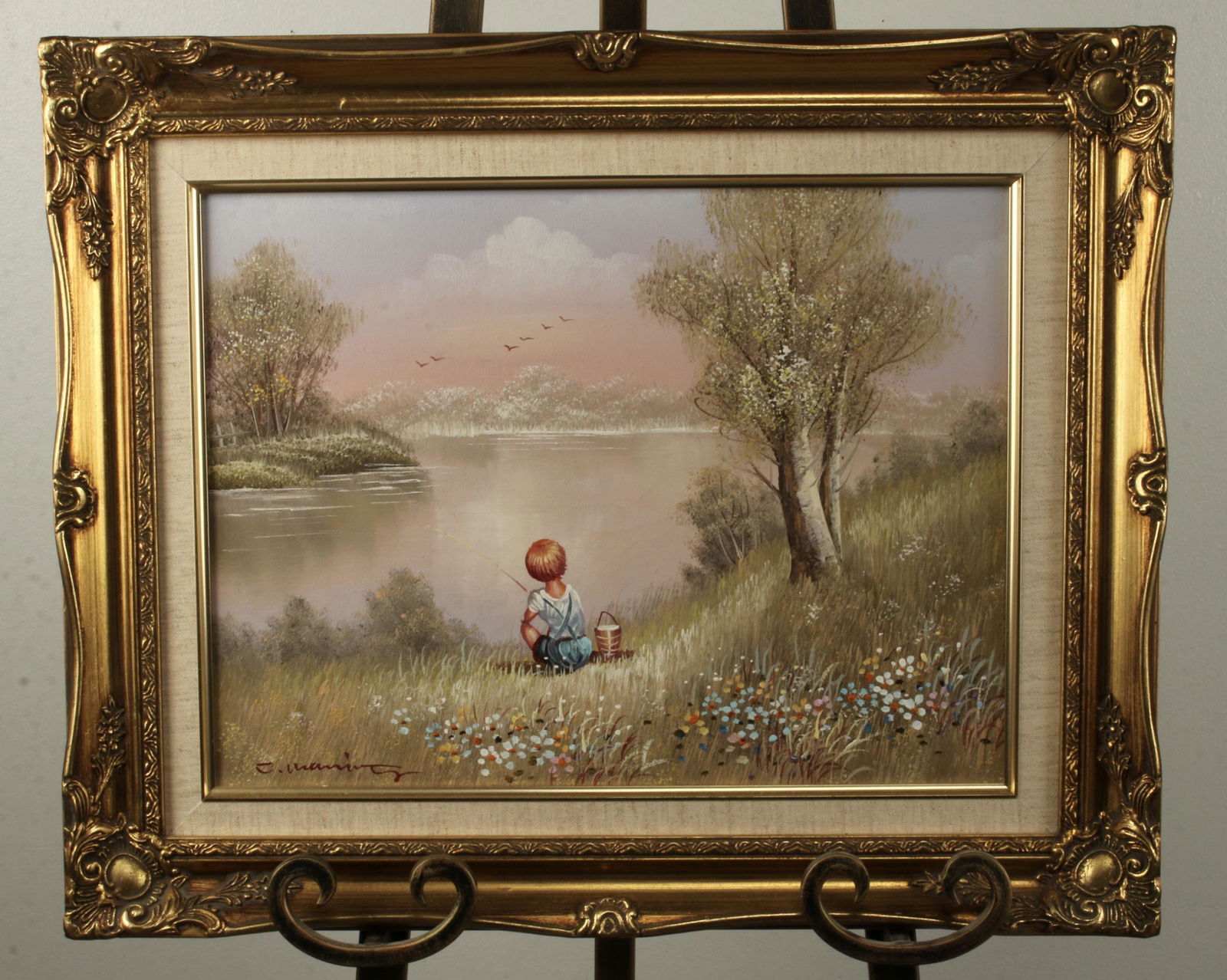 CHARLES MANNING PAINTING SIGNED: CHARLES MANNING PAINTING SIGNED Little boy is fishing on a flowering riverbank. 21 1/4" X 17 1/4" $20 - $40