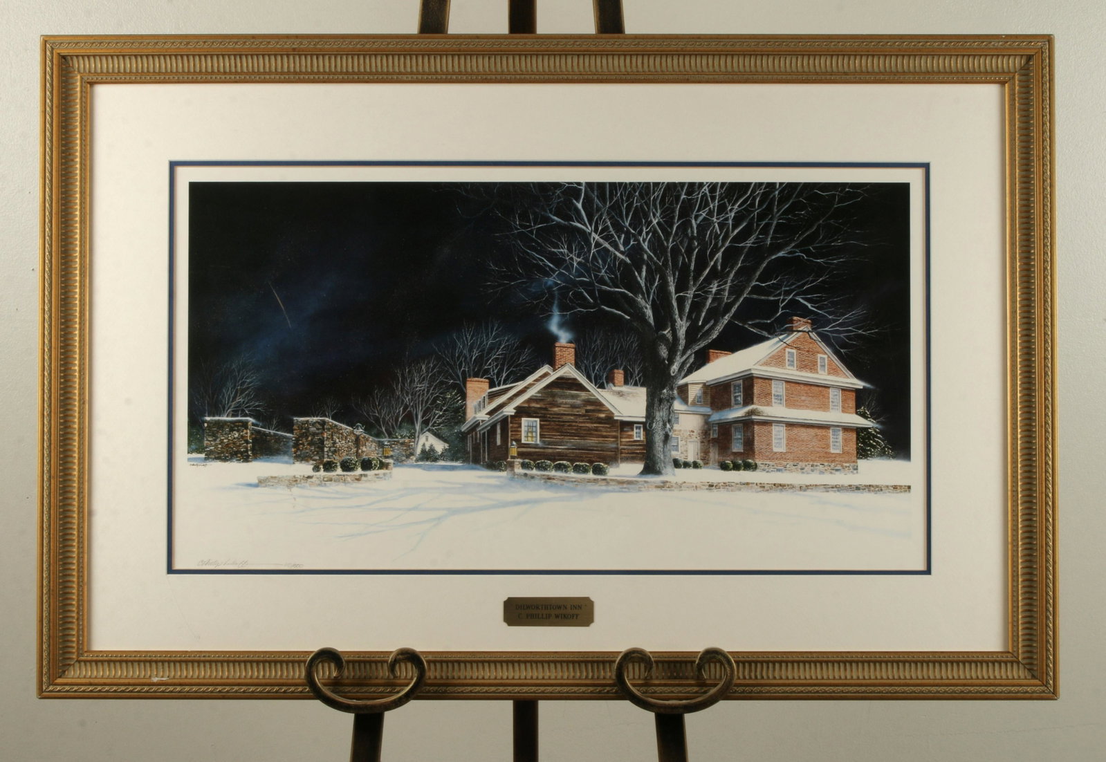 DILWORTHTOWN INN BY C. PHILLIP WIKOFF S N: DILWORTHTOWN INN BY C. PHILLIP WIKOFF S N 110/500. Signed. Dings on frame. Easel not included 34" X 22" $20