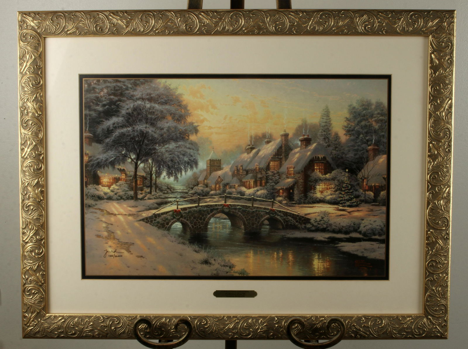 THOMAS KINCADE PRINT SIGNED NUMBERED: THOMAS KINCADE PRINT SIGNED NUMBERED Cobblestone Christmas. Cobblestone Lane VI. 7335/20000. Signed. Easel not included 29 1/4" X 22"<