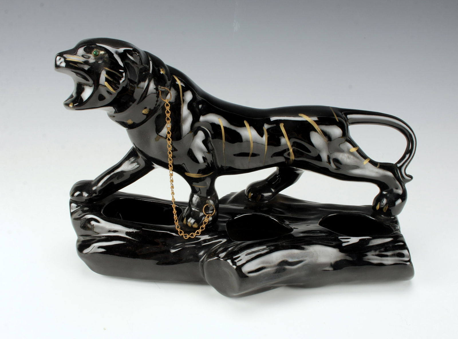 MCM PANTHER STATUE PLANTER: MCM PANTHER STATUE PLANTER MCM black panther statue with chained collar and shackle perched on log that doubles as a planter, in the style of Lane & Co.