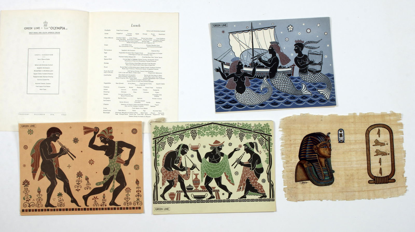 1960 GREEK ISLAND & BLACK SEA CRUISE MENUS: 1960 GREEK ISLAND & BLACK SEA CRUISE MENUS Greek Line TSS Olympia 1960. 13" x 9 1/2" $20 - $40
