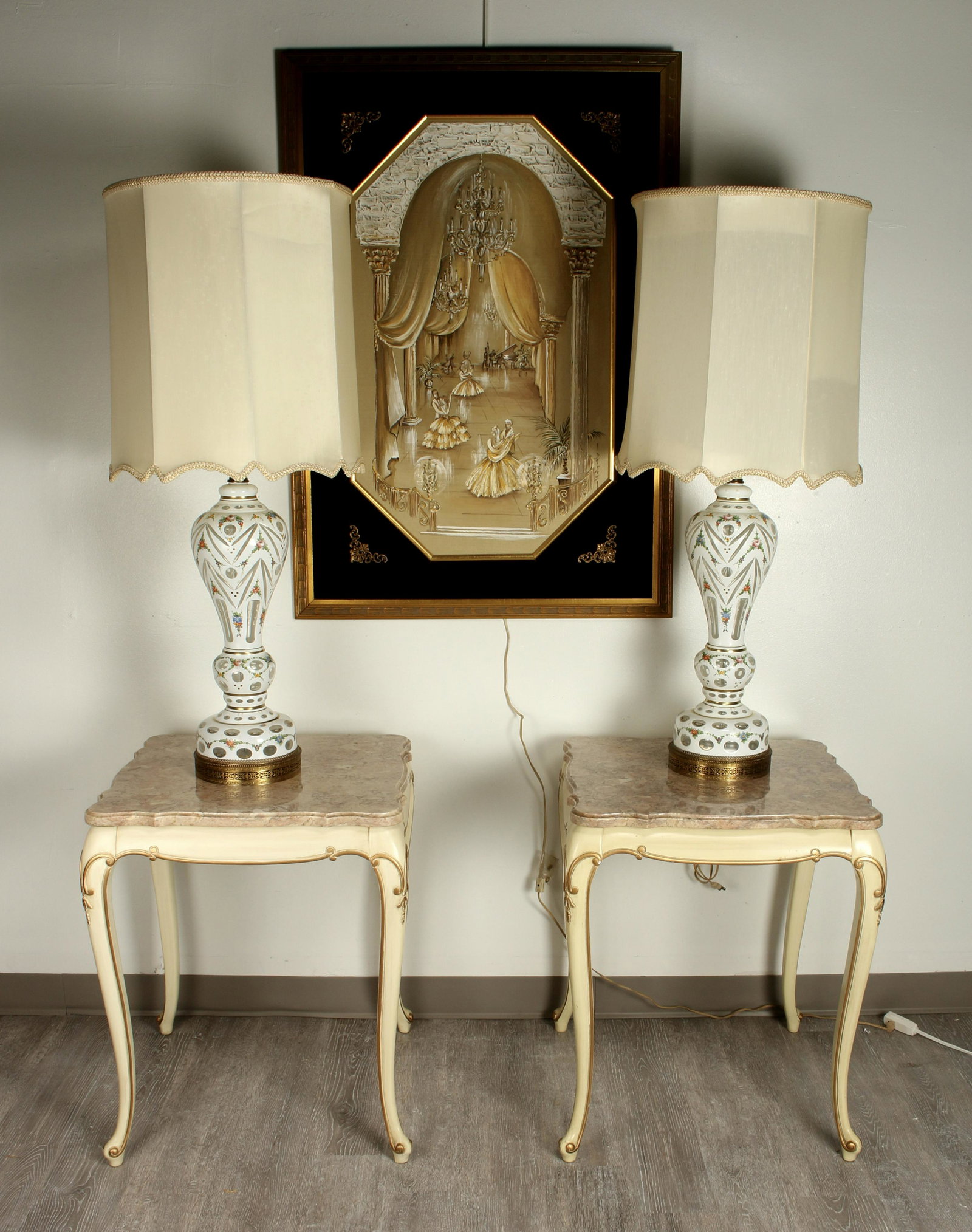 PAIR HOLLYWOOD REGENCY MARBLE TOP LAMP TABLES: PAIR HOLLYWOOD REGENCY MARBLE TOP LAMP TABLES With graceful curving legs and pink marble tops. Circa 1960s. The coordinating coffee table, lamps, and central fabulous painting are also b
