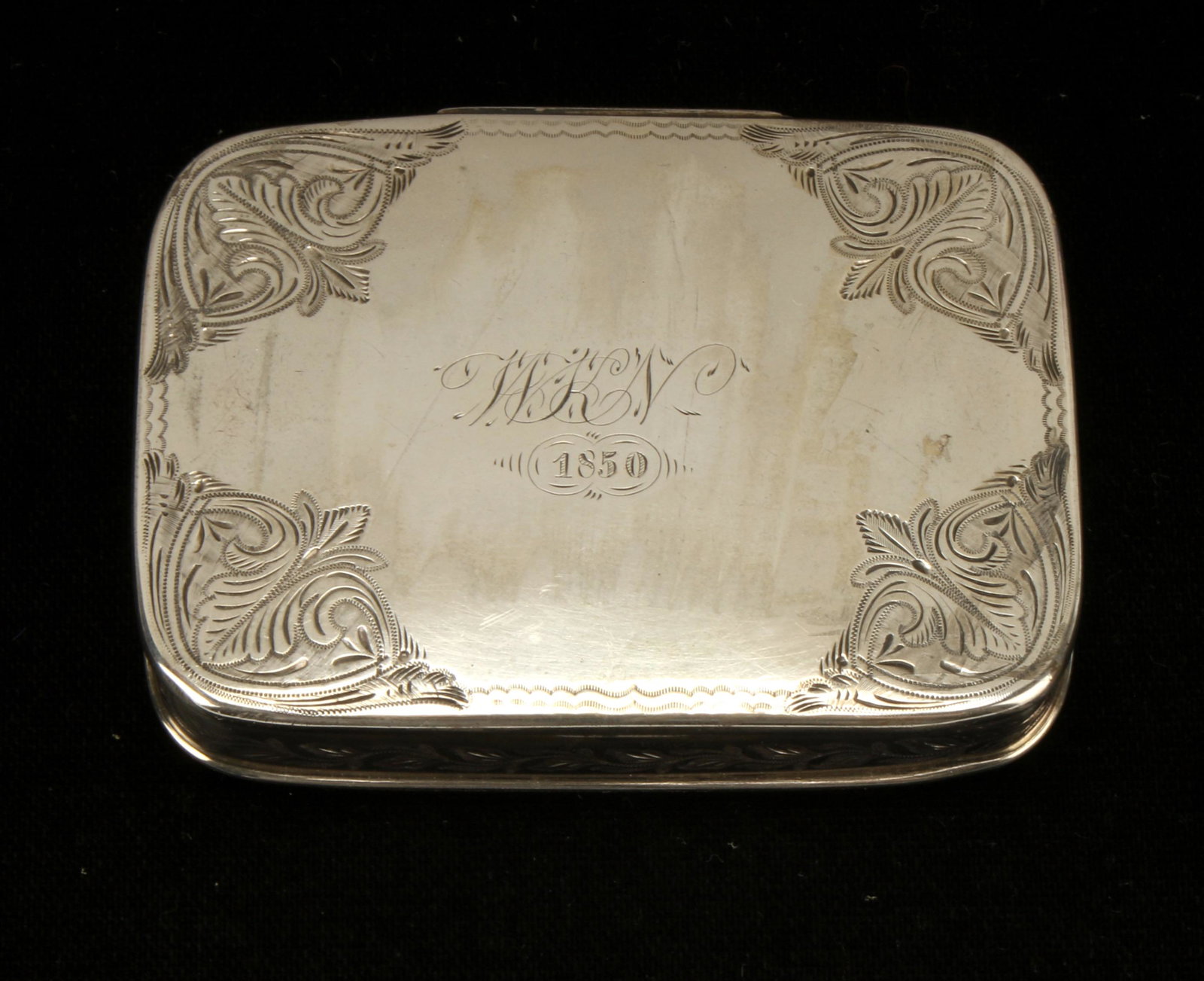 SMALL SILVER SNUFF OR CIGARETTE BOX: SMALL SILVER SNUFF OR CIGARETTE BOX Mid 19th century silver box, engraved on the lid "HRN 1850". Inside of lid "Z. Bostwick and anchor and flak marks (Zalmoon Bostwick, ci