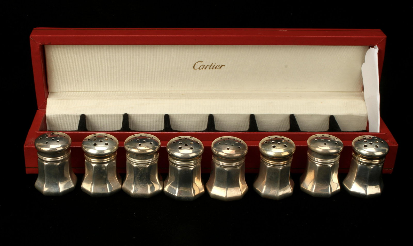 CARTIER STERLING SILVER S&P 4 SETS IN CARTIER BOX: CARTIER STERLING SILVER S&P 4 SETS IN CARTIER BOX 8 Cartier sterling silver salt and pepper shakers (4 sets) in their original red box. 9 3/4"