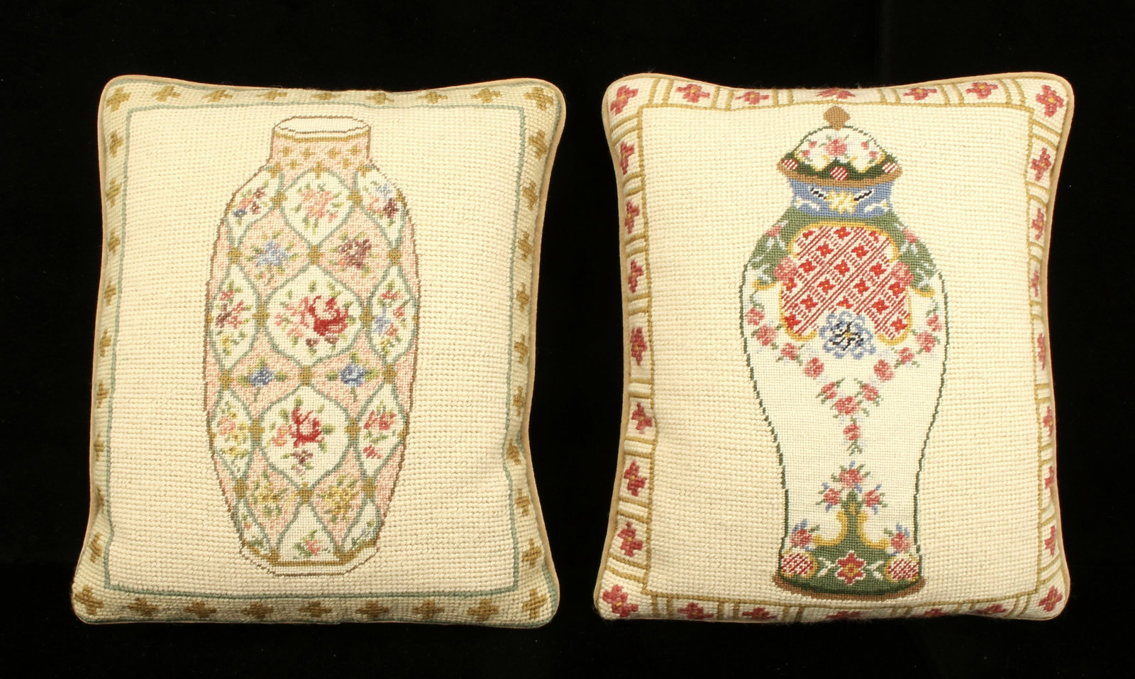 CHINESE NEEDLEPOINT PILLOWS: CHINESE NEEDLEPOINT PILLOWS Two pillows each with a Chinese vase design. Brown corded trim with plain, brown, velveteen back. 9' wide x 11" tall x 3