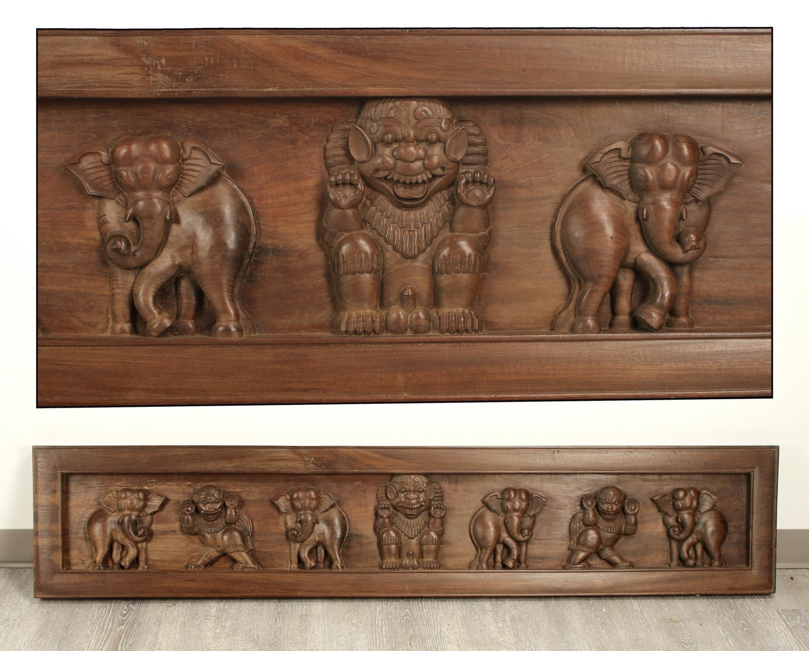 ASIAN WOODEN CARVED PANEL: ASIAN WOODEN CARVED PANEL Deeply carved wooden relief panel of elephants and monkeys. 66" x 13 1/2" x 2" $40