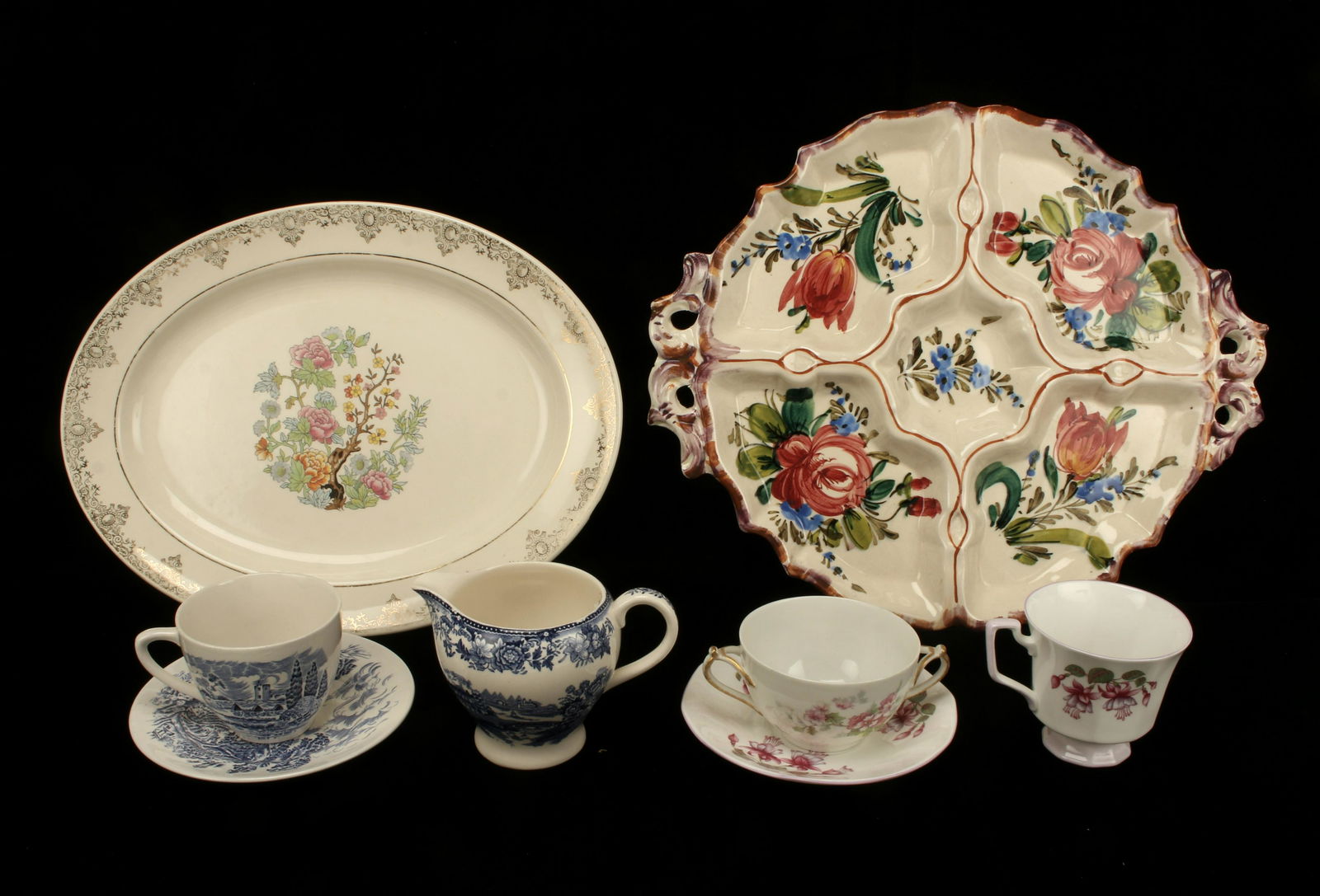 ENOCH WEDGWOOD STAFFORDSHIRE CUPS & PLATES: ENOCH WEDGWOOD STAFFORDSHIRE CUPS & PLATES Matching Countryside Enoch Wedgwood Tunstall tea cup and saucer. Blue and white Staffordshire Tonquin creamer. Queen's fine bone china te