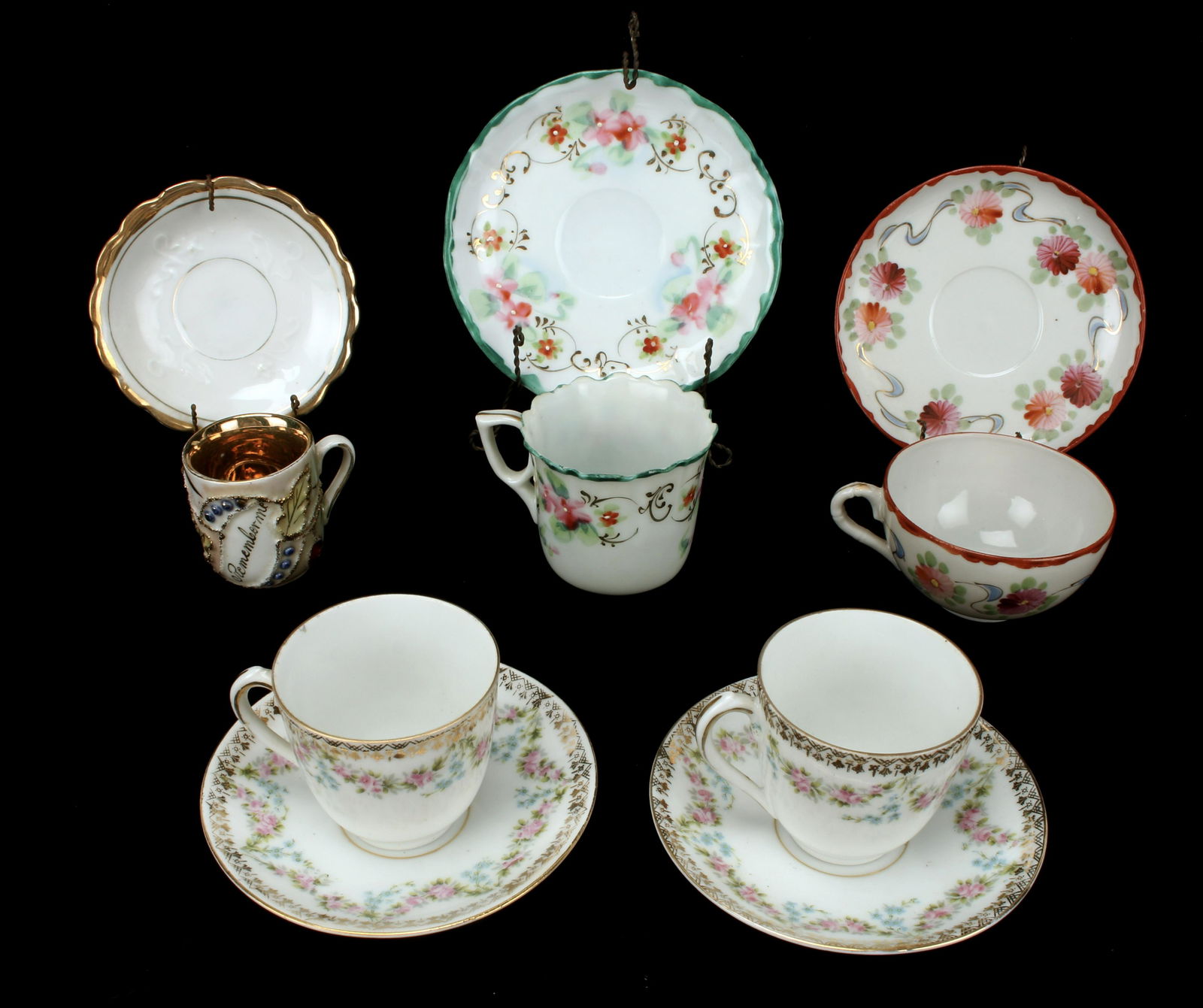 MINI HAND PAINTED TEA CUPS SAUCERS & STANDS (1 of 6)