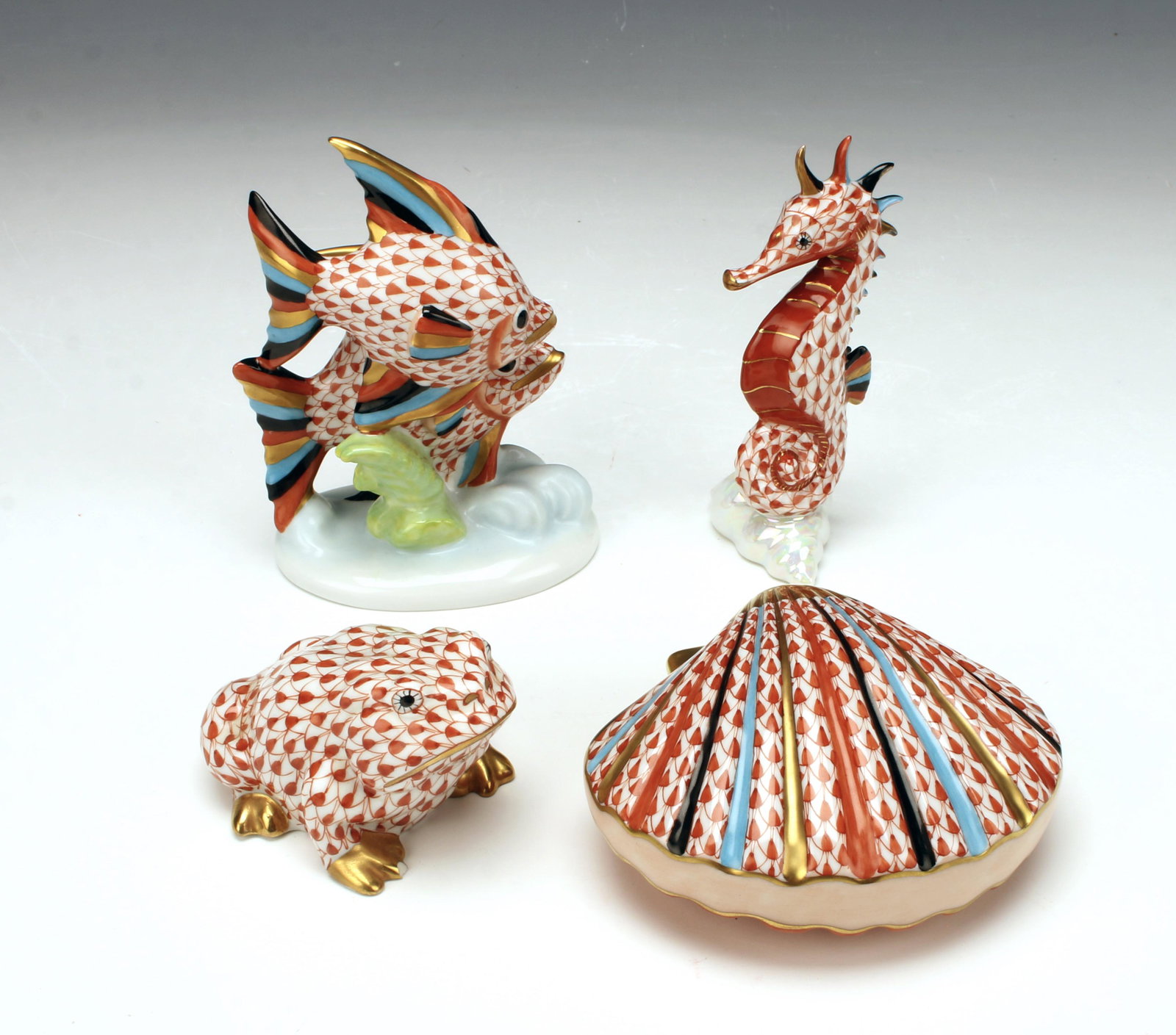 HEREND FISHNET FROG, FISH, SEAHORSE, CLAM FIGURES (1 of 4)