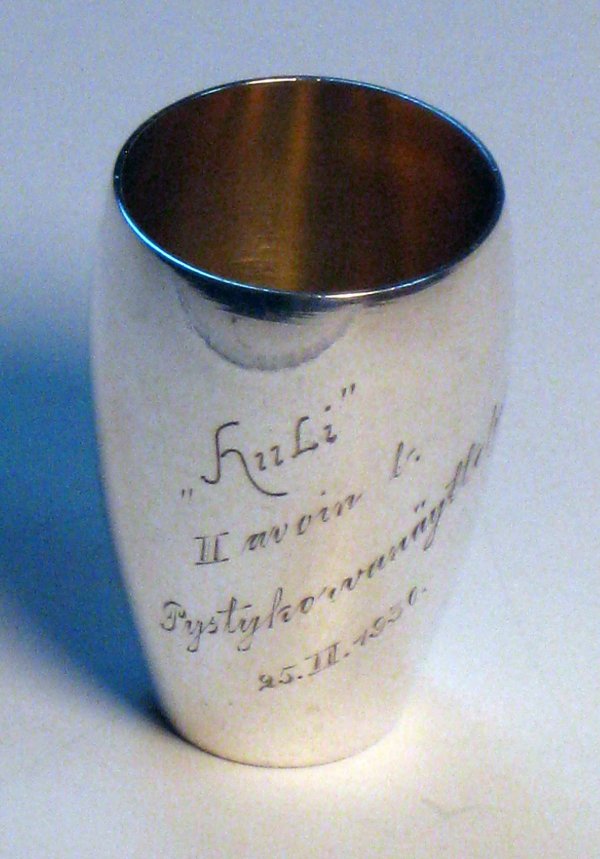 Russian Silver Vodka Cup: A 45mm Vodka cup engraved 1930 and hallmarked.