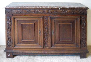 Carved Walnut Chest: A 19th century carved chest of European origins with removable solid marble top and associated frame with bracket feet.