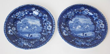 Tams & Co. Plates: Tams & Co a pair of matching blue plates, each 7 1/2" of the Floral City series, c 1825. One with the impressed mark.