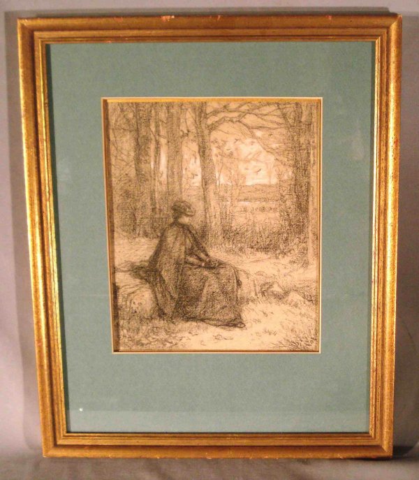 G. H. Boughton, Charcoal " Meditation" : An 18" x 14 3/4" Barbizon School charcoal drawing of a seated woman signed "G H B" LL (George H. Boughton, Anglo-American, 1833-1905). Sight : 10 1/4" x 8 1/2".