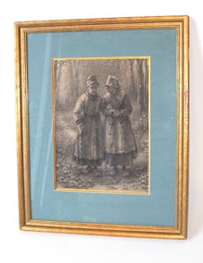 G. H. Boughton Charcoal on Paper: A 10 1/4" X 8 1/2" charcoal signed, LL "G H B" (by Anglo American George Henry Boughton), "The Confidant", in a 10 1/4" X 8 1/2" frame.
