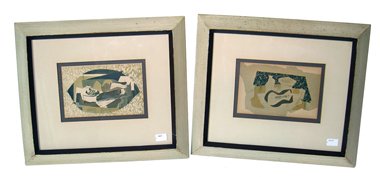 Framed Abstracts by Georges Braque: Lithographs with sight measurements of 5" X 7 1/2" by Georges Braque with matching white frames, each 14 1/2" X 16". One signed, LR, "G. Braque". Margins covered by the mat, and not removed from frame