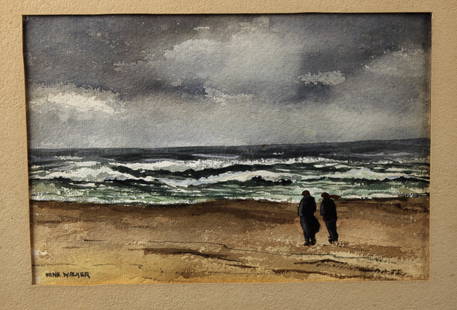 HANK HENRY WALKER WATERCOLOR SIGNED: HANK HENRY WALKER WATERCOLOR SIGNED Watercolor in paper. Two people stand on the beach, looking at the ocean on a blustery day. Signed Hank Walker. 15"