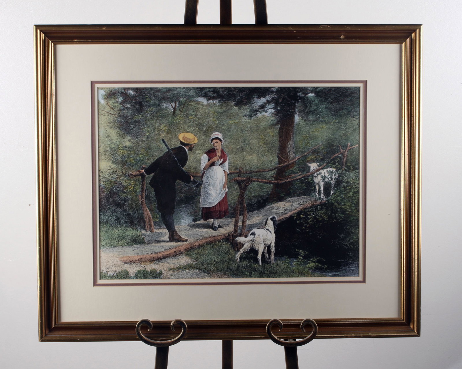 EDMOND RUDAUX PRINT: EDMOND RUDAUX PRINT A gentleman and his dog encounter a maiden with her goat on a bridge. Frame has damage. 30" X 24 1/2"