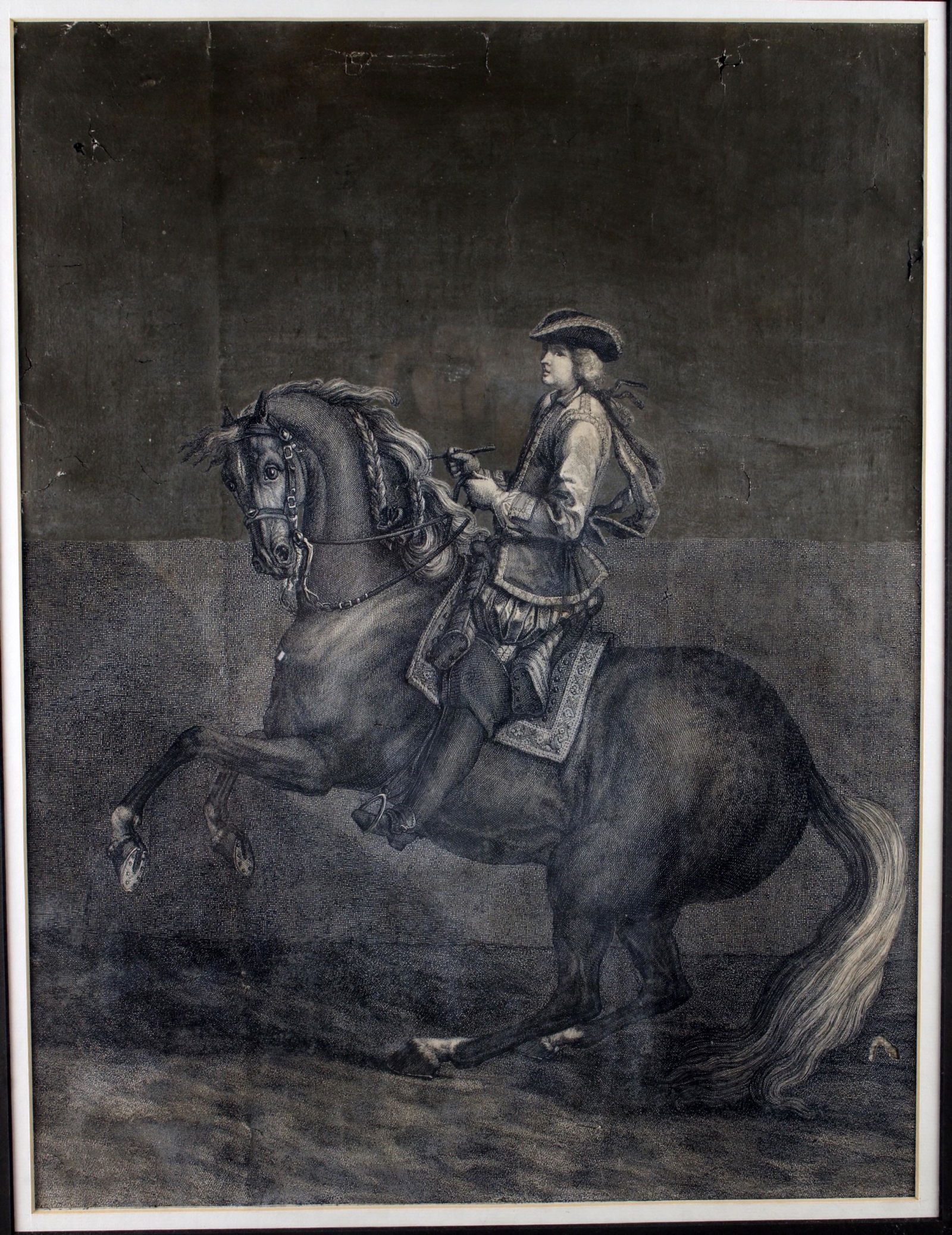 PASSADEN AUF DEM SCHLUS JOHANN ELIAS RIDINGER: PASSADEN AUF DEM SCHLUS JOHANN ELIAS RIDINGER Print mounted on linen. The caption is in French, German, and Latin and is probably meant to illustrate points of equestrian conduct. By Joh