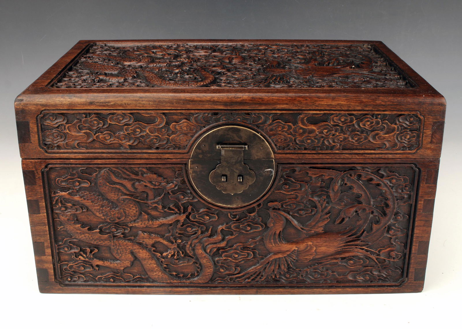 LARGE CARVED HUANGHUALI DRAGON & PHOENIX BOX (1 of 9)