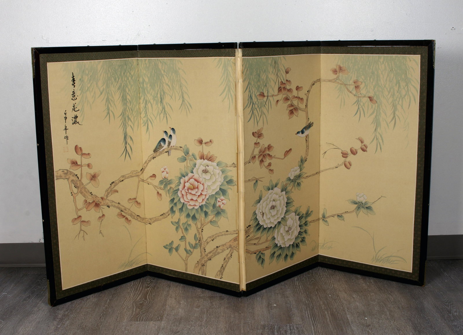 FOUR PANEL BIRD & PEONY PAINTED FOLDING SCREEN (1 of 5)