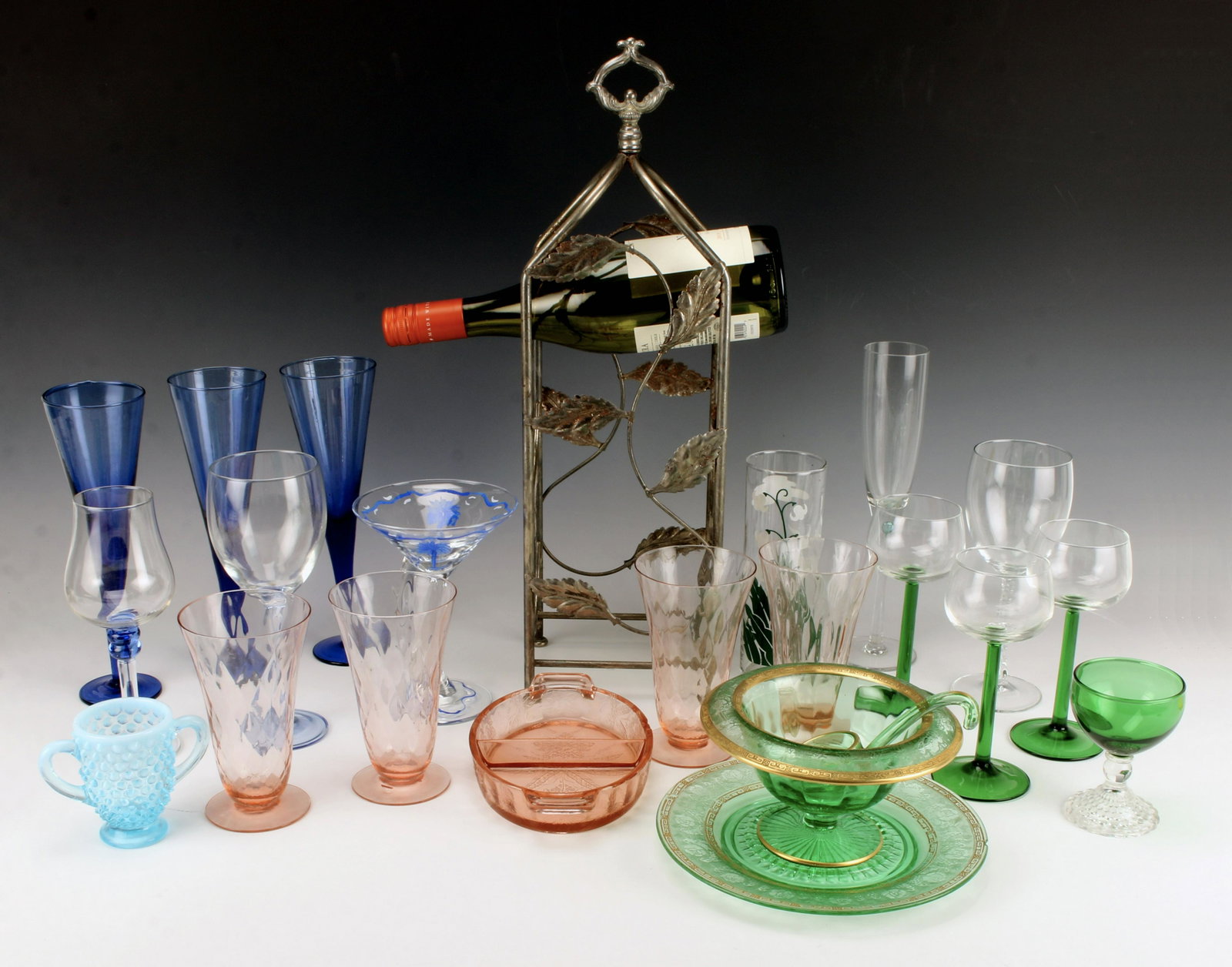 GLASSWARE AND WINE RACK, DEPRESSION GLASS: GLASSWARE AND WINE RACK, DEPRESSION GLASS Various assortment of glassware, including wine glasses, champagne flutes, martini glass, cordial, etc. vase with bird and flower decoration, sm