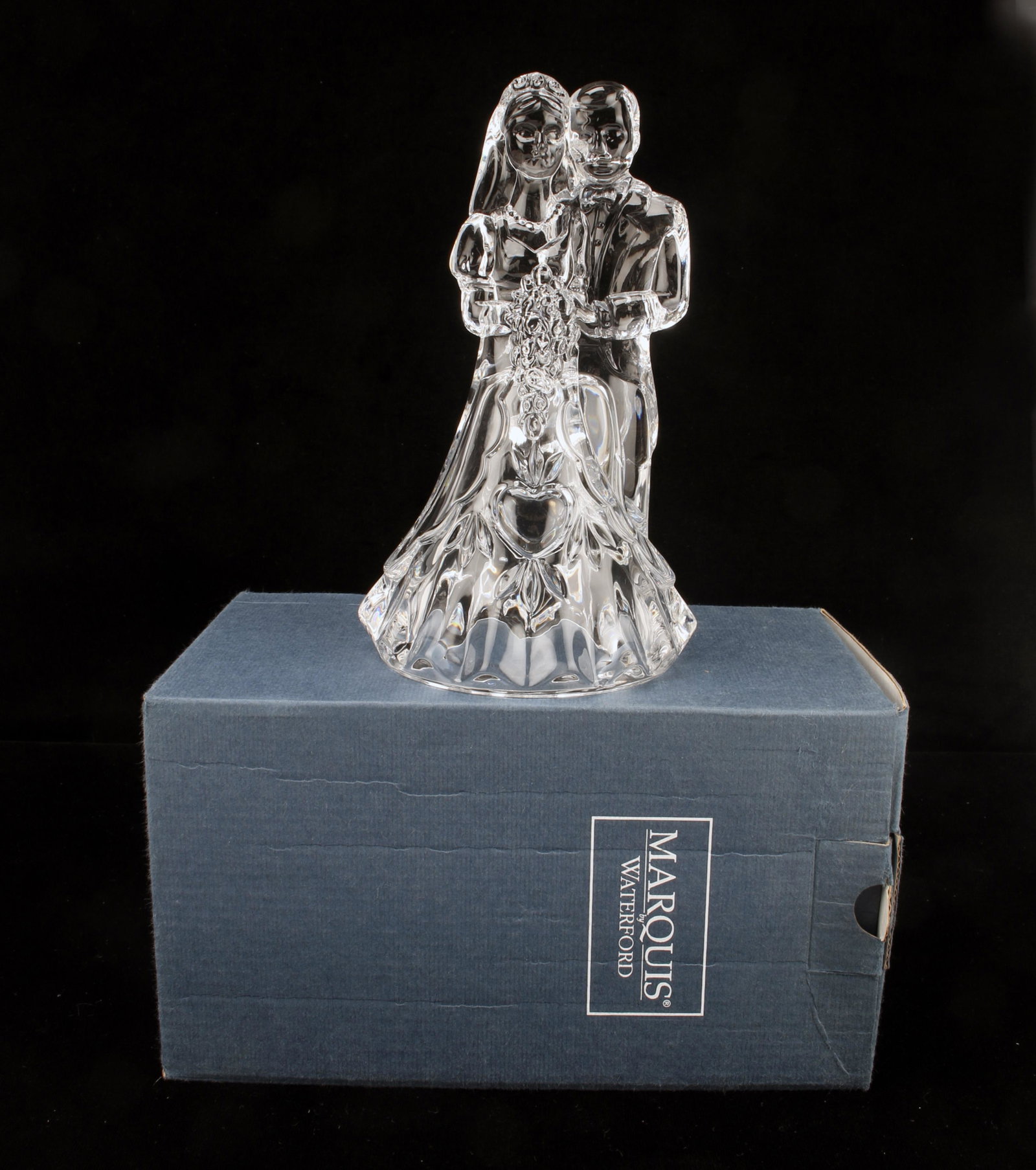 MARQUIS BY WATERFORD BRIDE & GROOM CAKE TOPPER: MARQUIS BY WATERFORD BRIDE & GROOM CAKE TOPPER Crystal bride and groom cake topper in original box. Made in Germany. 8 1/4" X 4 1/2"
