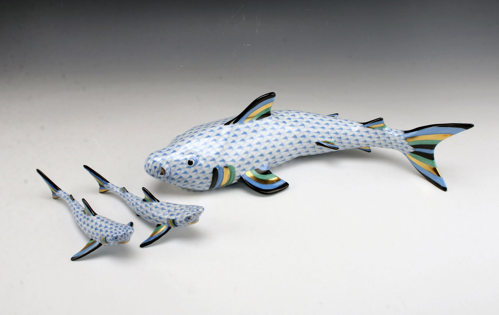 THREE HEREND BLUE FISHNET SHARKS (1 of 4)