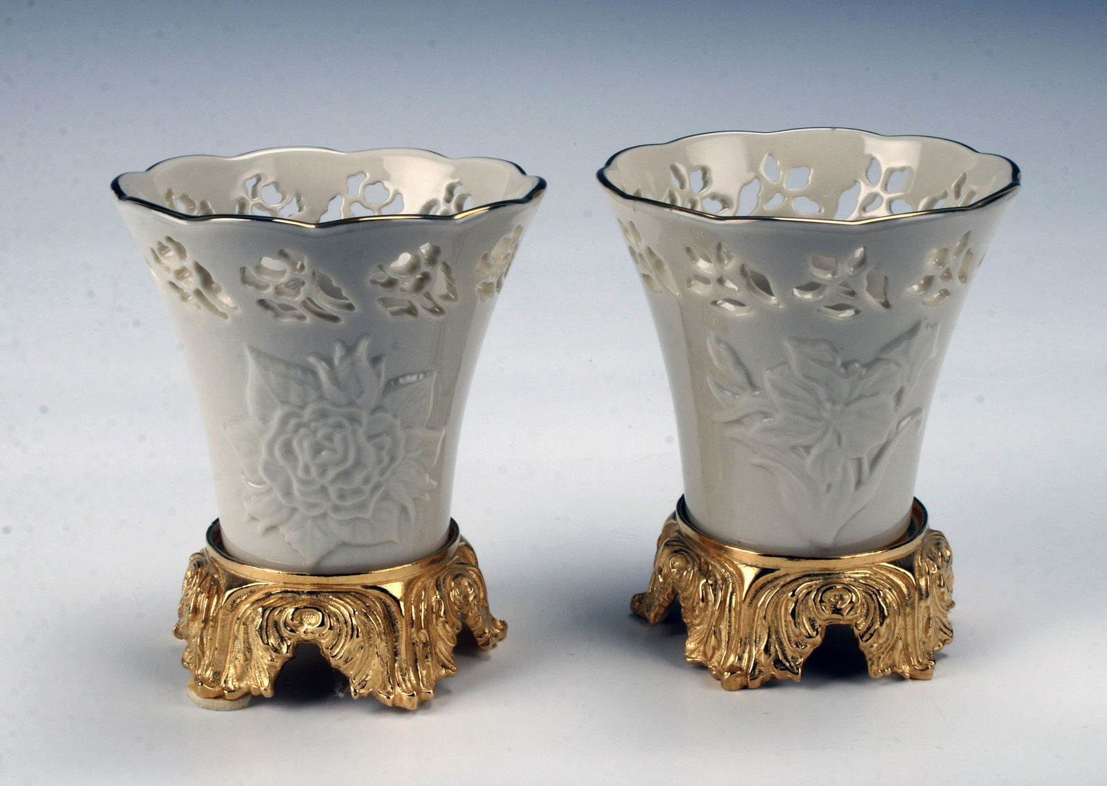 PAIR LENOX ROSE VOTIVE HOLDERS ON STANDS (1 of 4)