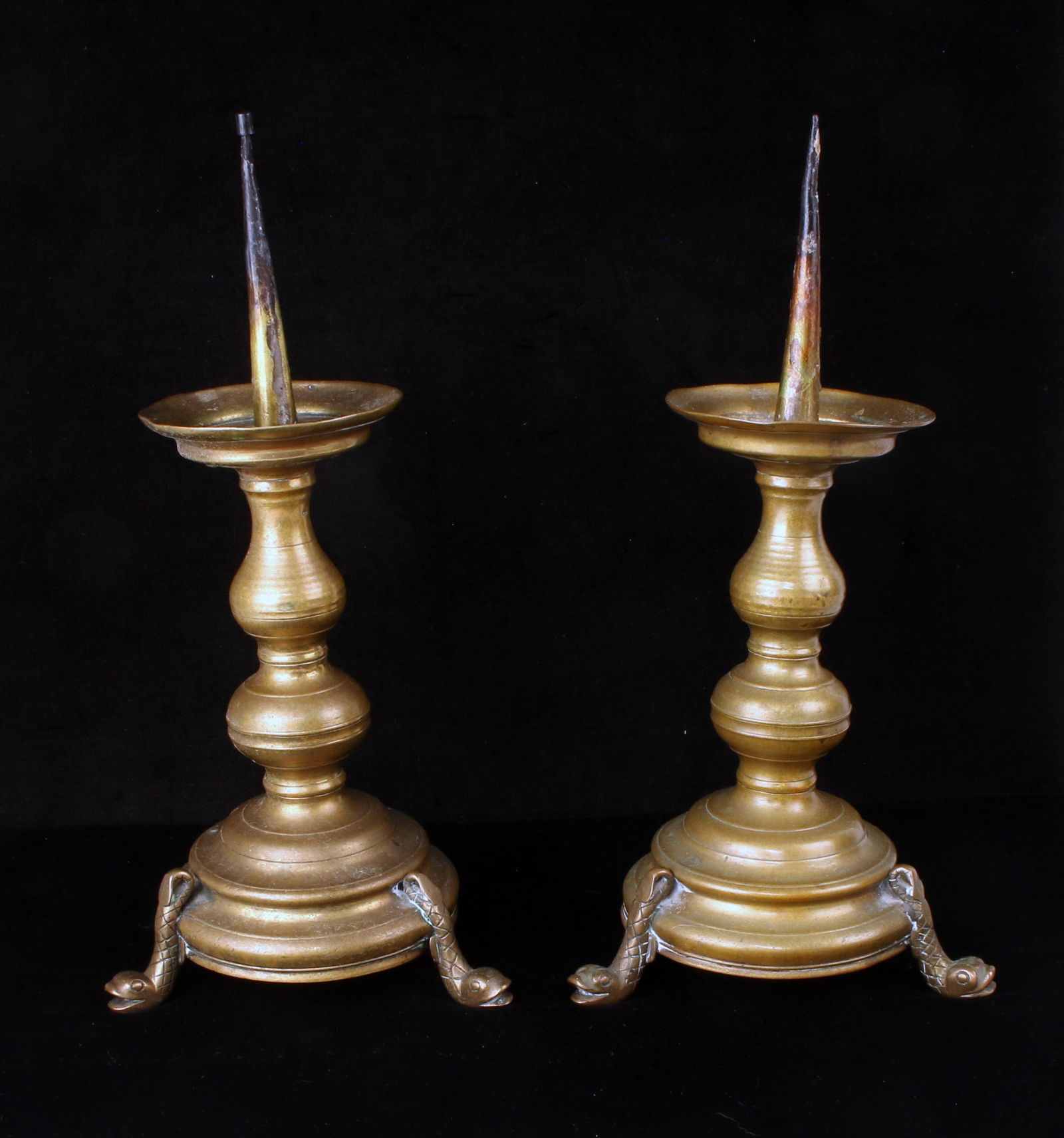 PAIR ANTIQUE SOLID BRASS TRIPOD CANDLESTICKS (1 of 3)