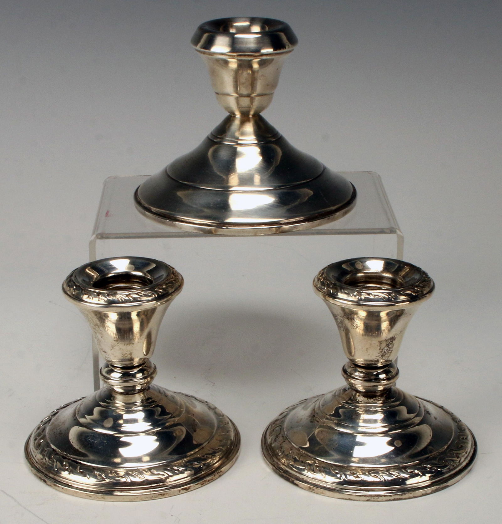 PAIR STERLING CANDLESTICKS & SINGLE (1 of 2)