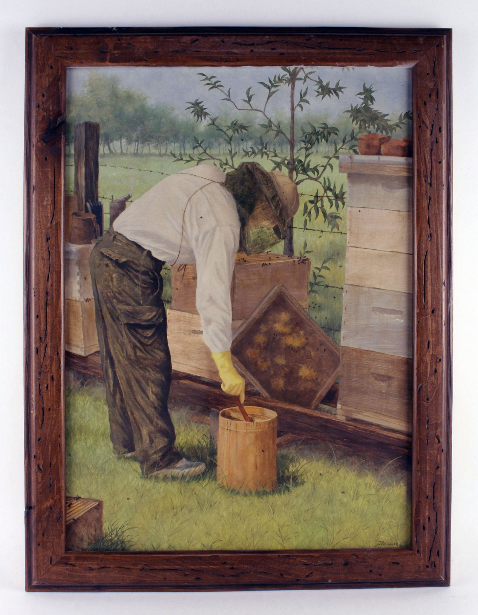 PORTRAIT OF A BEEKEEPER SIGNED D. REGGIO: PORTRAIT OF A BEEKEEPER SIGNED D. REGGIO Original painting by Don Reggio,(American/ Louisiana 1950-). The back is signed, dated 9-74. Titled 'Cleaning a "Super"'. Reggio was a