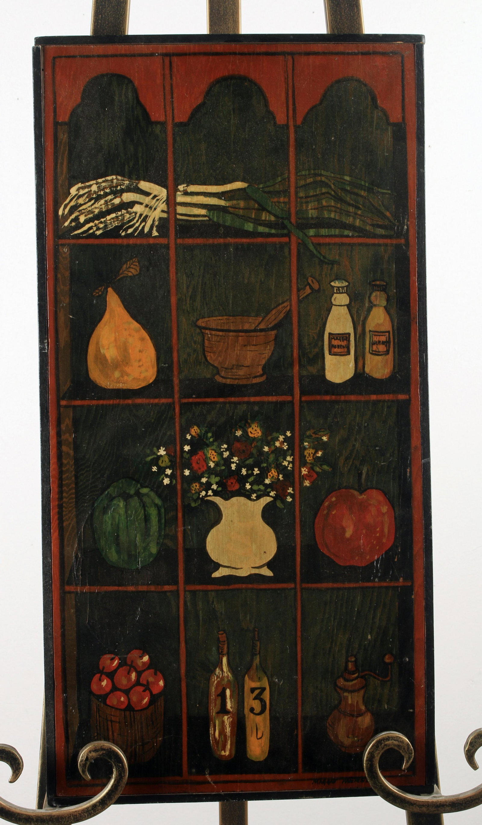 CUPBOARD BY MAGGIE MEREDITH SIGNED PANEL: CUPBOARD BY MAGGIE MEREDITH SIGNED PANEL Charming signed folk art painting by Maggie Meredith. 10 1/4" X 20" Shipping:<