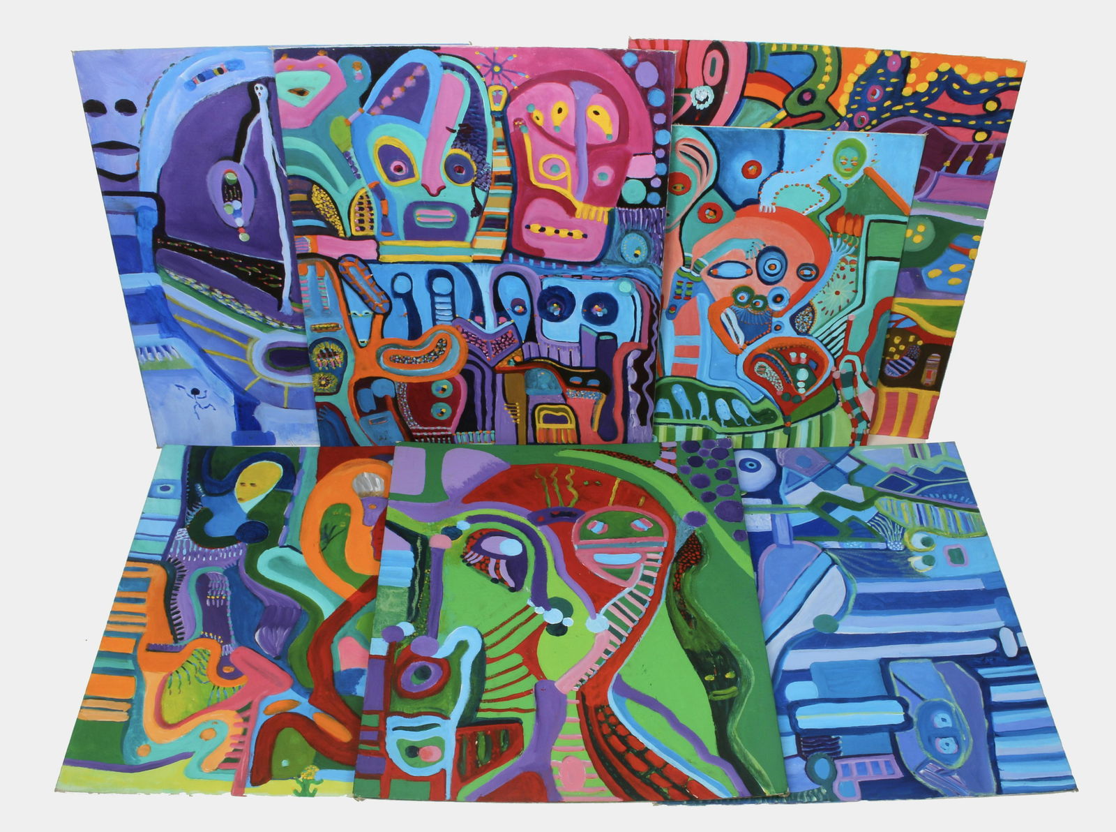 9 BRIGHTLY COLORED CRAZY PAINTINGS L. ABRAMS (1 of 2)