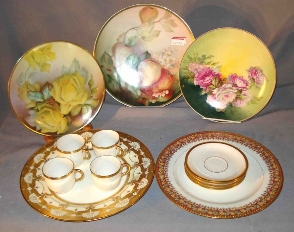Porcelain variety: A variety of porcelain: three hand painted plates (individually signed Bavarian) ; four Limoges demitasse cups and saucers; 3 different but decorative dinner plates (one repaired).