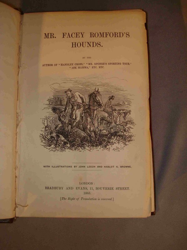 "Mr Fancey Romford's hounds" : A leather bound book that includes about 15 colored engraved plates , published in 1865