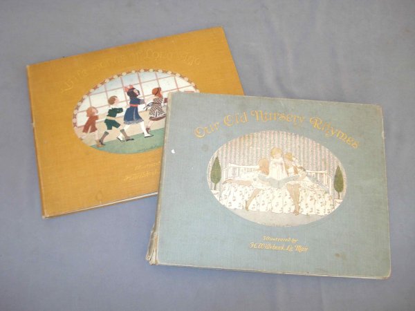 Song book illustrated by Le Mair: A songbook "Little Songs of Long Ago" includes 32 color illustrations by H. Willsbeek Le Mair with sheet music for old folk songs. The book in fair condition with wear to the binding, but illustration