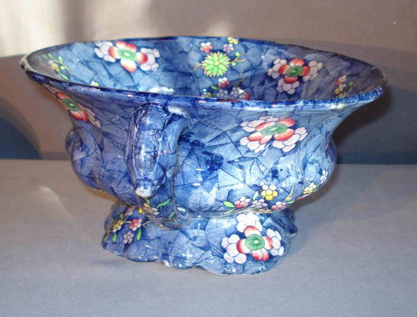 "Cracked ice" centerpiece by Copeland/spode: A blue transfer and flowers centerpiece by Copelane Spode, 5 1/2" X 13". Mid 19th C. English.