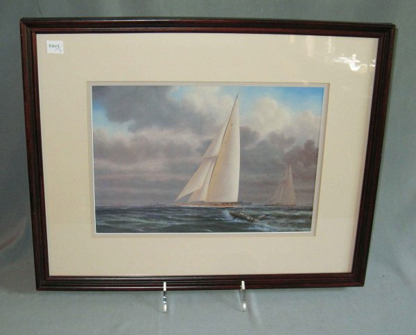 Thompson, "America's Cup, 1930": A handsome framed, double matted, and glazed print with a sight of 9"X 13" titled verso: Thompson: "America's Cup, 1930" Enterprise defeats Shamrock V.,
