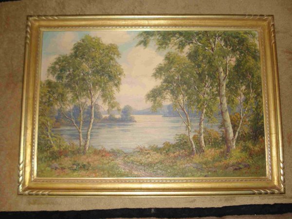 Landscape by Watson: An oil on canvas landscape with a lake measuring 24" X 36" and signed Watson.
